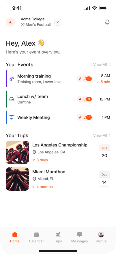 Home dashboard showing upcoming events, trips, and personalized schedule overview