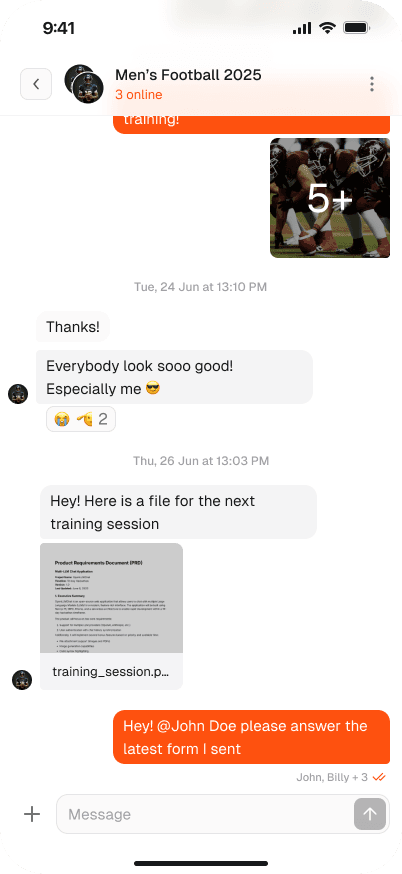 Group chat interface with messages, file attachments, photo sharing, emoji reactions, and read receipts